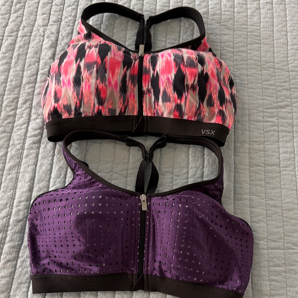 Victoria's Secret Pink Print & Purple Front-Zip Sports Bras Set